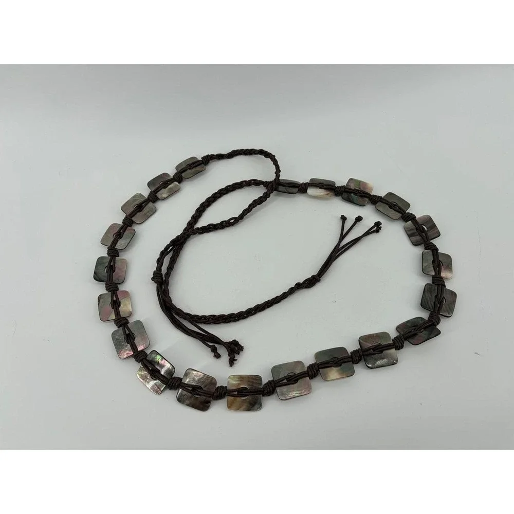 Mother of Pearl Belt Hippie Style Boho Casual, Brown Fringe, 60